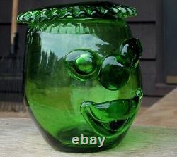 Mid Century Modern MCM BLENKO Green Clown Face Vase Glass Art Joel Myers Design