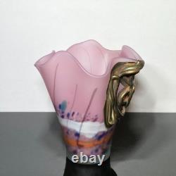 Misu Coman Design Romanian Art Glass Vase Bronze Metal Overlay Signed