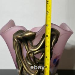 Misu Coman Design Romanian Art Glass Vase Bronze Metal Overlay Signed