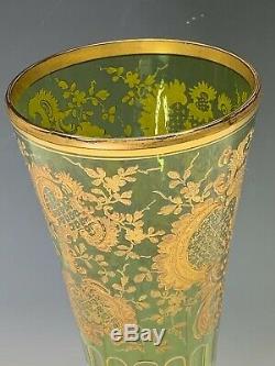 Moser Antique Large Art Glass Vase Green with Rich Gold Rococo Decoration
