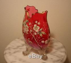 Moser Ruby Opalescent Gilded Footed Art Glass Pillow Vase Coralene Decorated