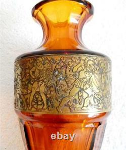 Moser art glass vase amber color- gilt gold figural scene band