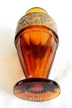 Moser art glass vase amber color- gilt gold figural scene band