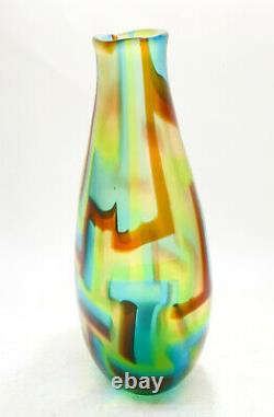 Murano Afro Celotto Green, Brown, Blue Striped Modernist Art Glass Vase, 2001