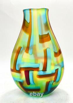Murano Afro Celotto Green, Brown, Blue Striped Modernist Art Glass Vase, 2001