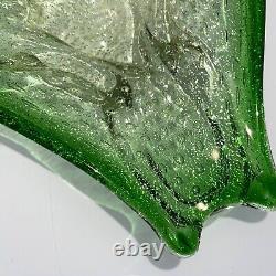 Murano Art Glass Bowl Green Gold Flecks Controlled Bubbles Bullicante MCM