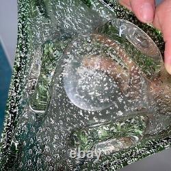 Murano Art Glass Bowl Green Gold Flecks Controlled Bubbles Bullicante MCM