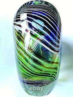 Murano Art Glass Hand Blown Vase Green/Blue Stripe 17cms H (2.4kg very heavy)