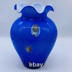 Murano Art Glass Millefiori Hand Blown Cobalt Blue Scalloped Cased Vase 10T 6W