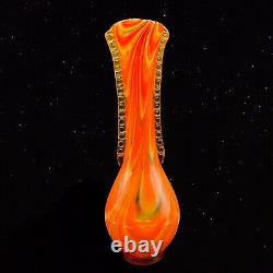 Murano Art Glass Swirly Sides Vase Crystal Orange Red Tall 16T 4W Vintage