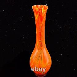 Murano Art Glass Swirly Sides Vase Crystal Orange Red Tall 16T 4W Vintage
