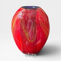 Murano Art Glass Vase Filigrana Red& Black Swirl In Lino Tagliapietra Style 27cm