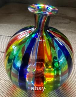 Murano Art Glass Vase Italian Small Hand-Blown Rainbow Striped Vase Estate Vtg