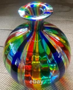 Murano Art Glass Vase Italian Small Hand-Blown Rainbow Striped Vase Estate Vtg