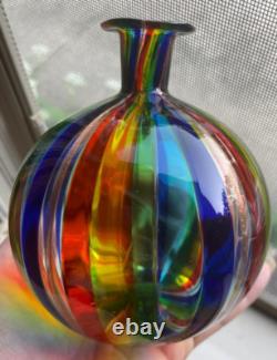 Murano Art Glass Vase Italian Small Hand-Blown Rainbow Striped Vase Estate Vtg