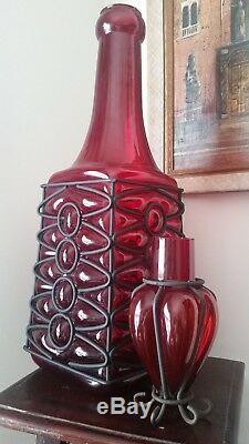 Murano Caged Art Glass Bottle Decanter FLOOR VASE Ruby Red HUGE 28