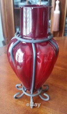 Murano Caged Art Glass Bottle Decanter FLOOR VASE Ruby Red HUGE 28