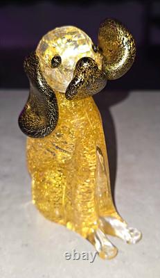 Murano Dog Figurine, Italian Art Glass, Gold Fleck, Decorative Clear Black