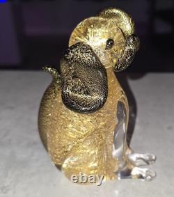 Murano Dog Figurine, Italian Art Glass, Gold Fleck, Decorative Clear Black