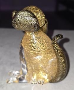 Murano Dog Figurine, Italian Art Glass, Gold Fleck, Decorative Clear Black