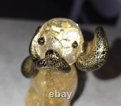 Murano Dog Figurine, Italian Art Glass, Gold Fleck, Decorative Clear Black