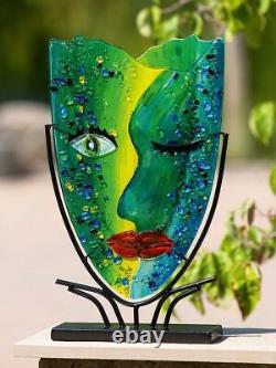 Murano GIANT! 48cm Picasso Tribute Art Glass Facal Theme Vase On Stand