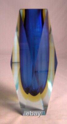 Murano Italian Sommerso Faceted Prism Block Art Glass Vase Blue Gold 6 1/2