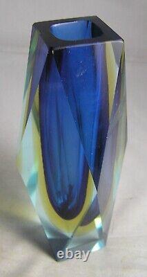 Murano Italian Sommerso Faceted Prism Block Art Glass Vase Blue Gold 6 1/2