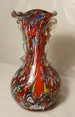 Murano Millefiori Art Glass Red Vase With Handles