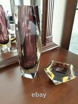Murano Sommerso Mid-century Modern Art Glass Faced 3 Layer Vase And Ashtray Set