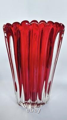 Murano Sommerso Seguso Flavio Poli Heavy Art Glass Ruby Red Ribbed Vase