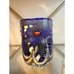 Murano Style Art Glass Vase Cobalt Millefiori Gold Aventurine Pulled Feather
