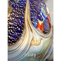Murano Style Art Glass Vase Cobalt Millefiori Gold Aventurine Pulled Feather