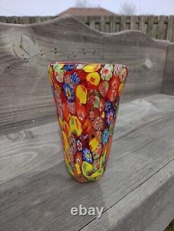 Murano Style Millefiori Red Hand Blown Glass Vase Unsigned Vintage Vecchia