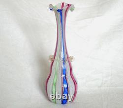 Murano Venetian Latticinio Zanfirico Vase With Applied Ruffled Band 8 1/2