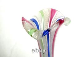 Murano Venetian Latticinio Zanfirico Vase With Applied Ruffled Band 8 1/2