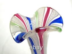 Murano Venetian Latticinio Zanfirico Vase With Applied Ruffled Band 8 1/2