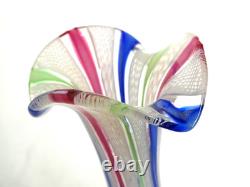 Murano Venetian Latticinio Zanfirico Vase With Applied Ruffled Band 8 1/2