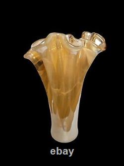 Murano Vetro Eseguito Segundo Art Glass Ruffled VaseGold & Cream Italy16