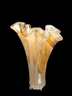 Murano Vetro Eseguito Segundo Art Glass Ruffled VaseGold & Cream Italy16