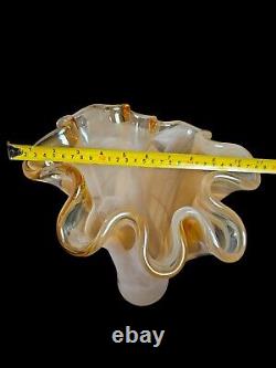 Murano Vetro Eseguito Segundo Art Glass Ruffled VaseGold & Cream Italy16