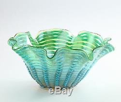 New 14 Hand Blown Glass Art Vase Bowl Blue Green Handkerchief Ruffle Decorative