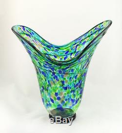 New 15 Hand Blown Glass Art Vase Blue Green Fluted Italian Decorative