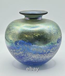Norman Stuart Clarke Golden Seascape Pattern Iridescent Glass Vase Signed 1994