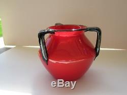 Old Czech Czechoslovakia Powlony LOETZ Red With 3 Black Handles Art Glass Vase