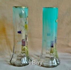 PAIR ART NOUVEAU ENAMEL GLASS PANSY VASES Antique Legras Glass Vase (Mont Joye)