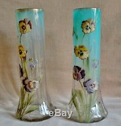 PAIR ART NOUVEAU ENAMEL GLASS PANSY VASES Antique Legras Glass Vase (Mont Joye)