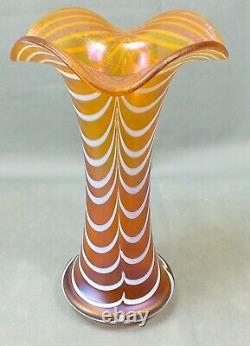 POSCHINGER Art Noveau IRRIDESCENT Pulled FEATHER Bohemian MARIGOLD Glass Vase