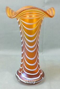 POSCHINGER Art Noveau IRRIDESCENT Pulled FEATHER Bohemian MARIGOLD Glass Vase