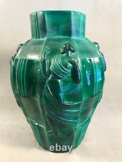 PV03141 Art Deco Malachite Glass Arthur Plewa INGRID Draped Nudes Vase by Riedel